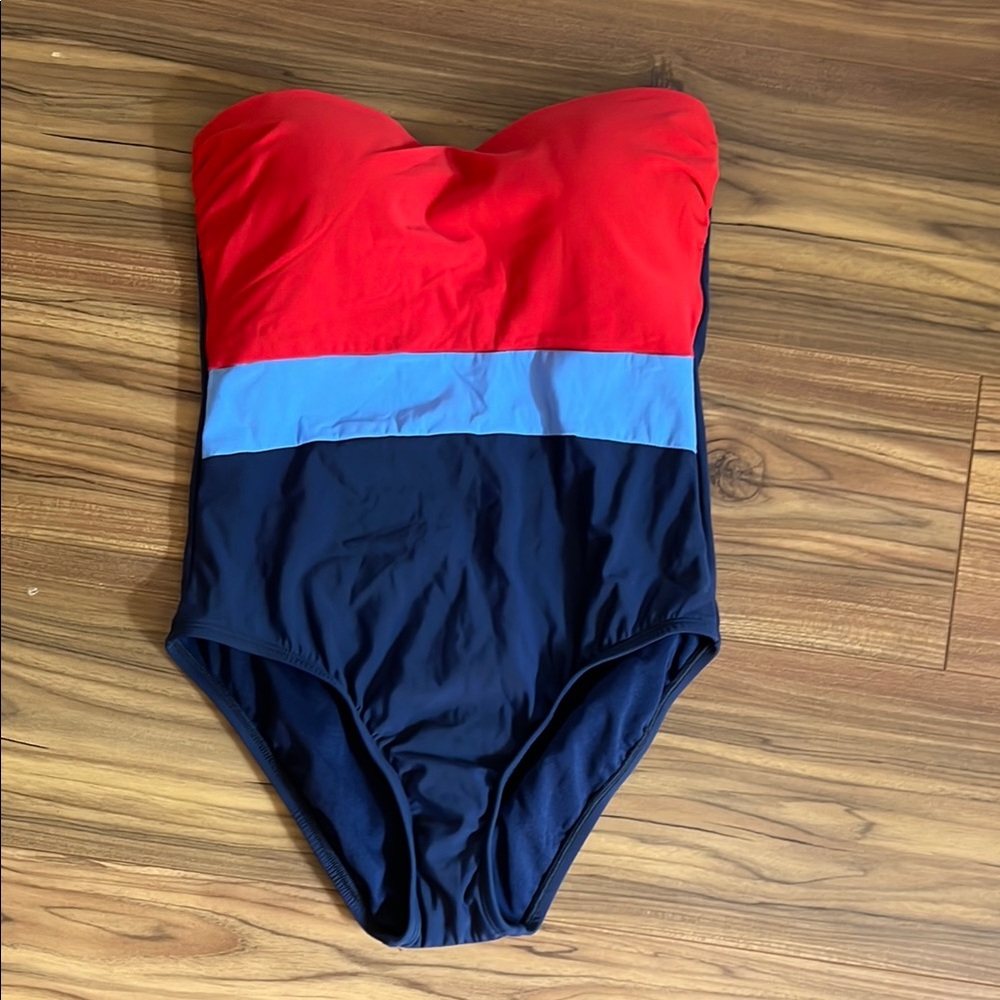 Red and Blue Strapless Swimsuit